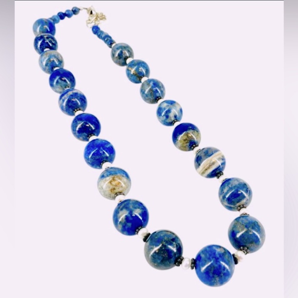 Vibrant Lapis Lazuli Necklace, 14mm beads, 20”L - Picture 2 of 3